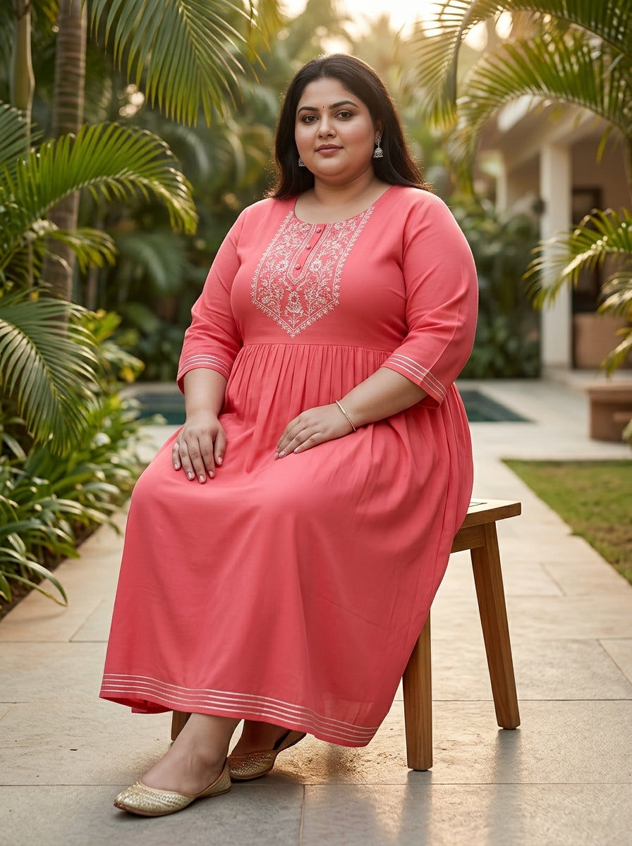 Peach Rayon Embroidered Anarkali Plus Size-400591
