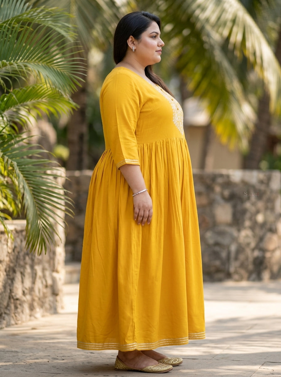 Yellow Rayon Embroidered Anarkali Plus Size-400591
