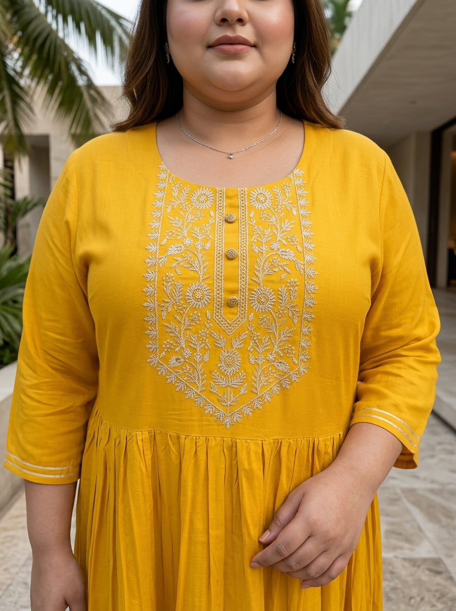 Yellow Rayon Embroidered Anarkali Plus Size-400591
