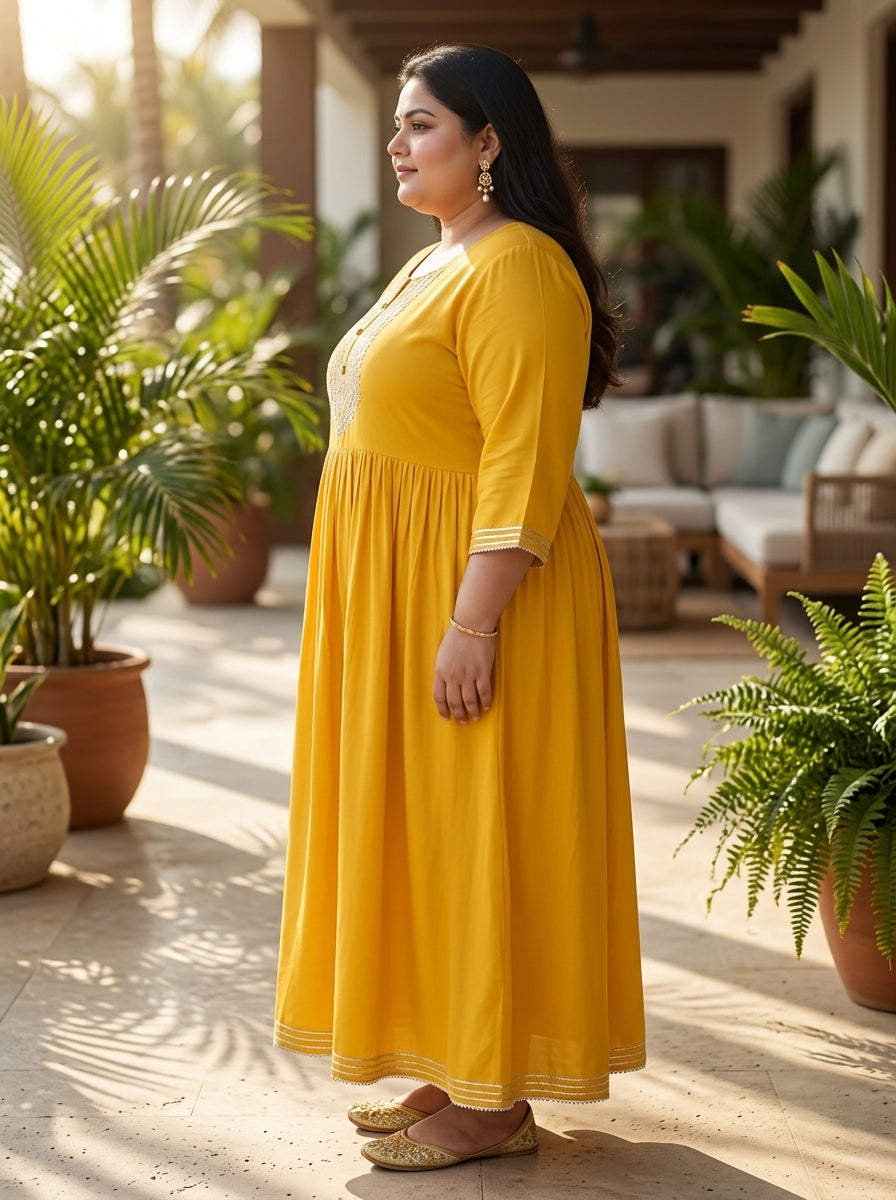 Yellow Rayon Embroidered Anarkali Plus Size-400591