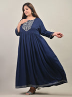 Plus Size Blue Cotton Blend Embroidered Anarkali-591
