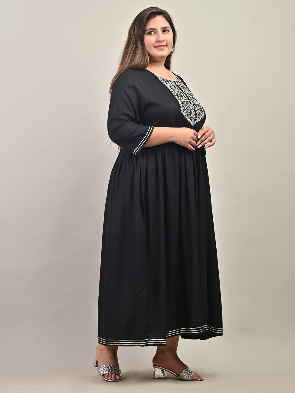 Plus Size Black Cotton Blend Embroidered Anarkali-591