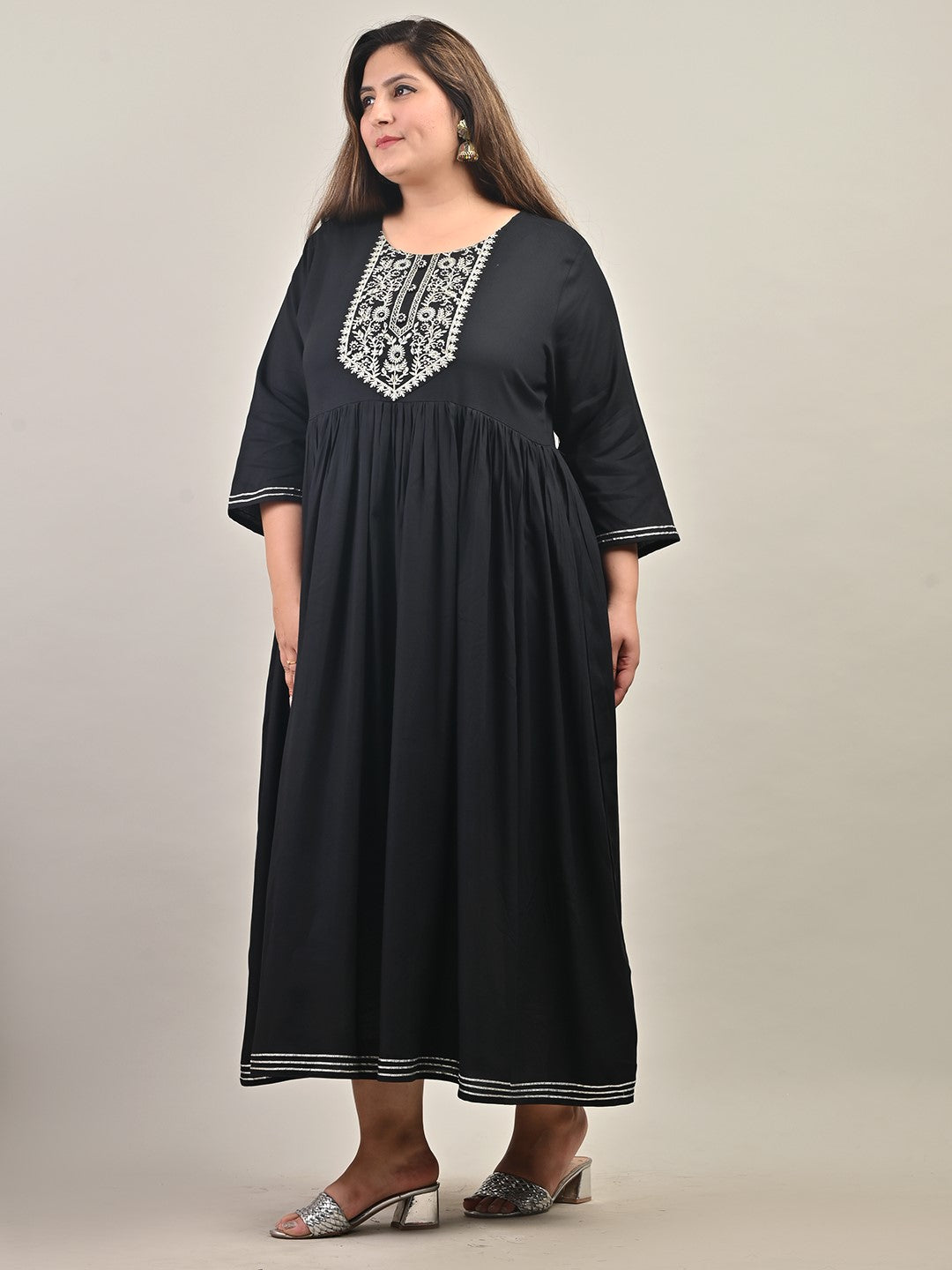 Plus Size Black Cotton Blend Embroidered Anarkali-591