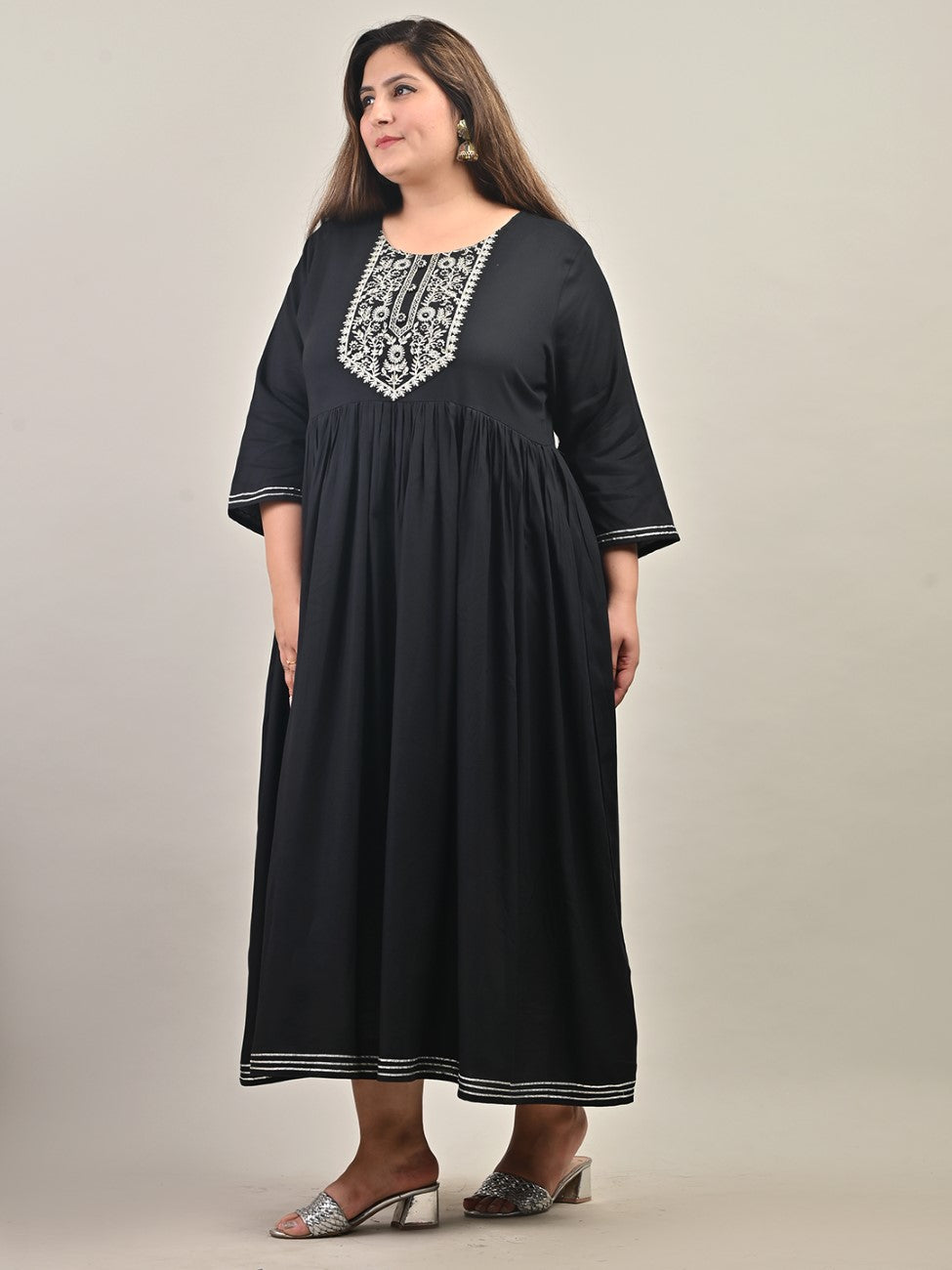 Plus Size Black Cotton Blend Embroidered Anarkali-591 Secondary image