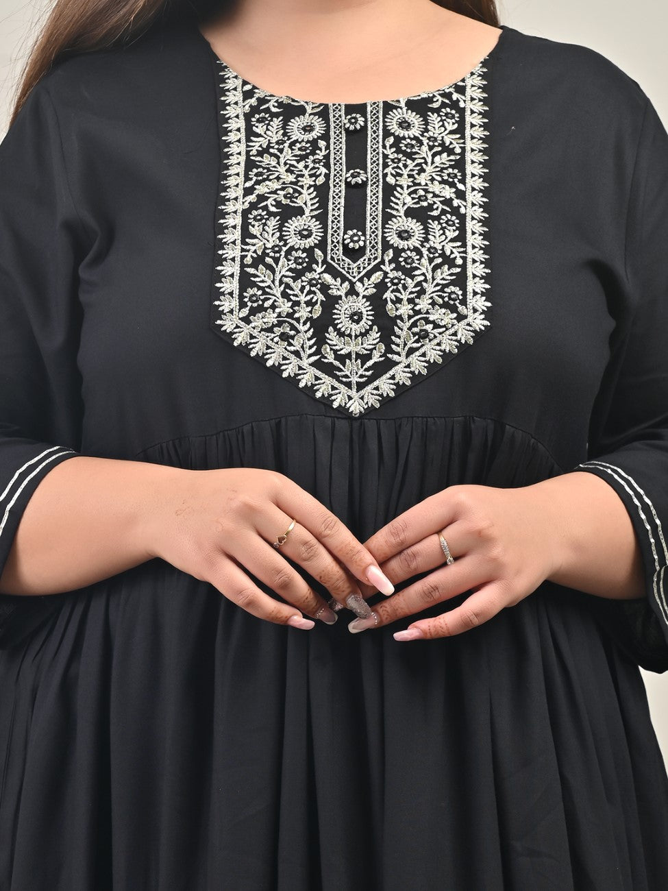 Plus Size Black Cotton Blend Embroidered Anarkali-591