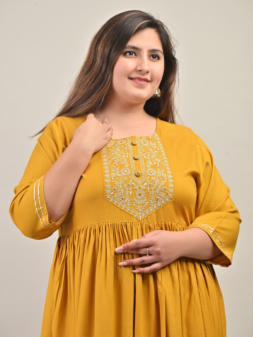 Plus Size Yellow Cotton Blend Embroidered Anarkali-591