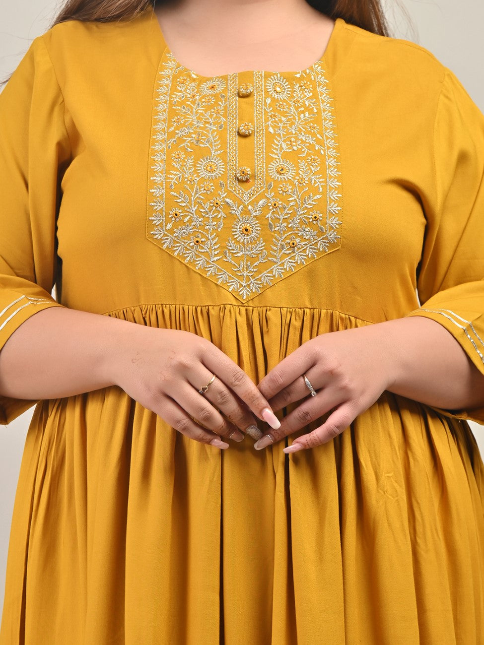 Plus Size Yellow Cotton Blend Embroidered Anarkali-591