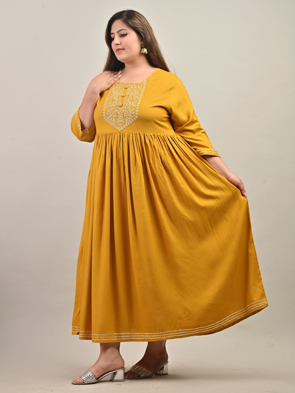 Plus Size Yellow Cotton Blend Embroidered Anarkali-591