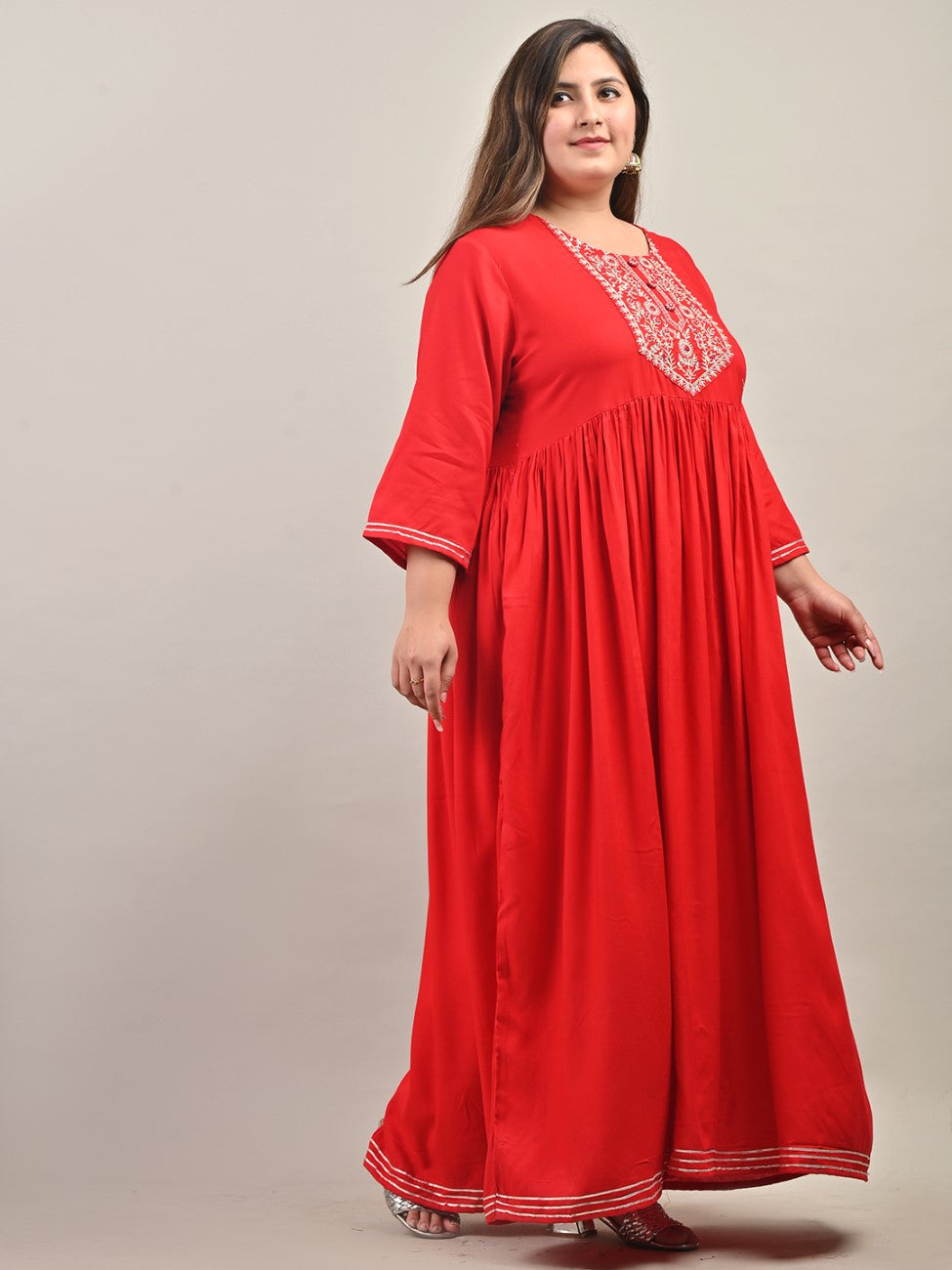 Plus Size Red Cotton Blend Embroidered Anarkali-591