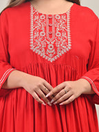 Plus Size Red Cotton Blend Embroidered Anarkali-591