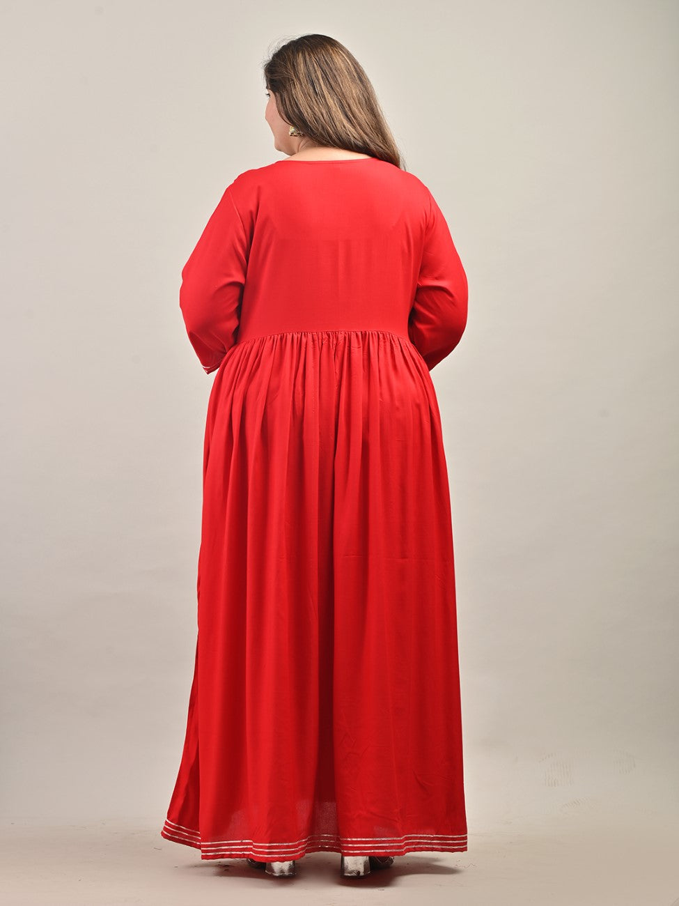 Plus Size Red Cotton Blend Embroidered Anarkali-591