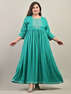 Plus Size Turquoise Cotton Blend Embroidered Anarkali -591