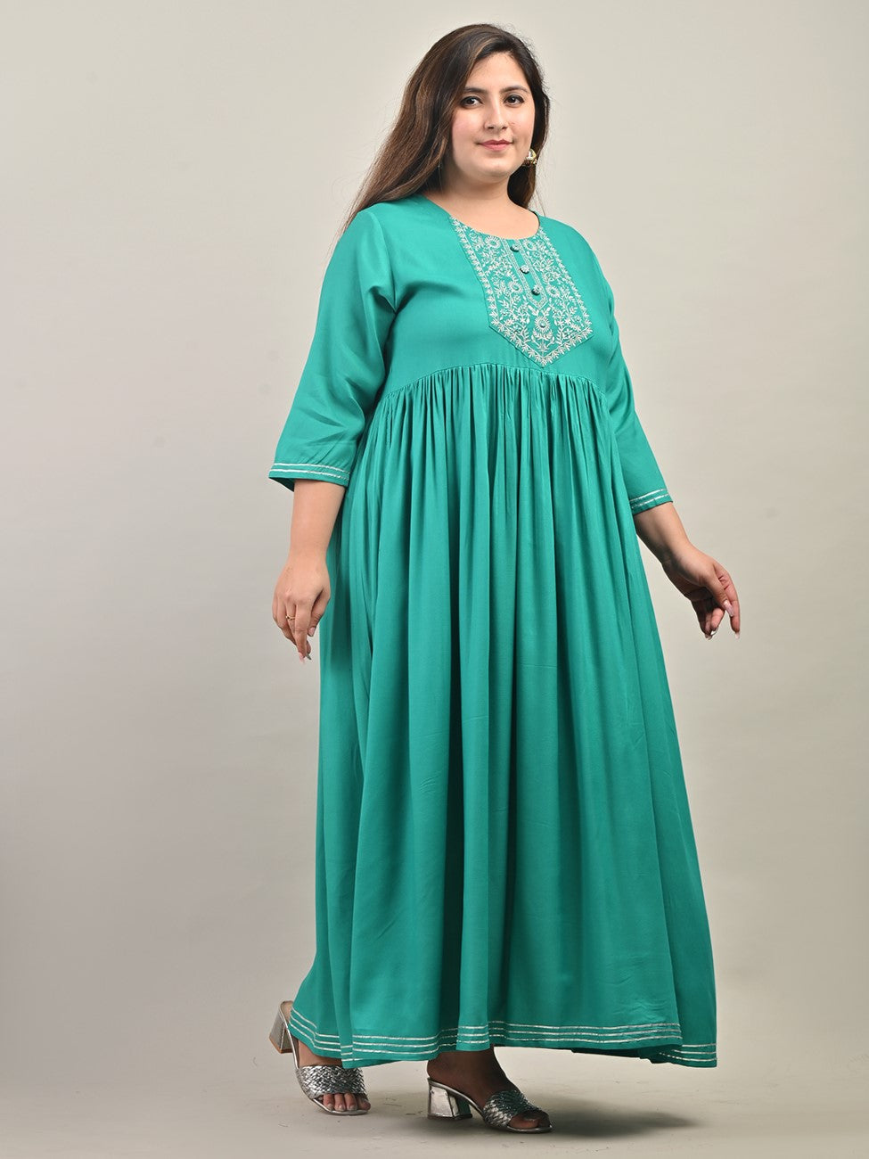 Plus Size Turquoise Cotton Blend Embroidered Anarkali -591 Secondary image