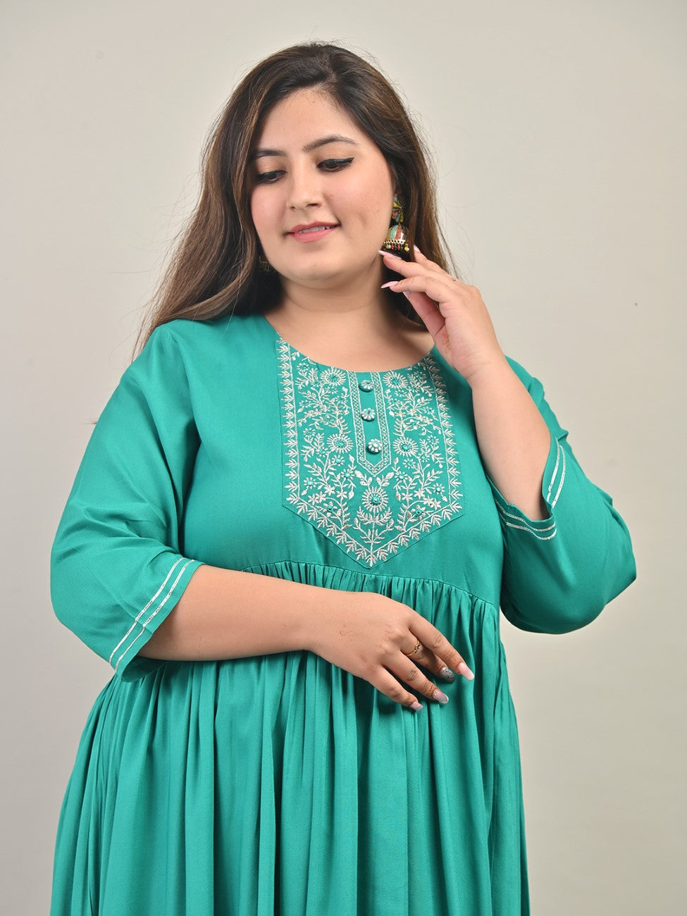 Plus Size Turquoise Cotton Blend Embroidered Anarkali -591