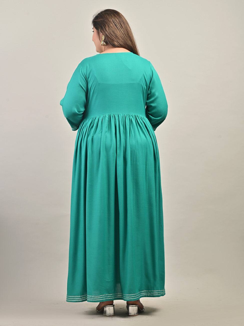 Plus Size Turquoise Cotton Blend Embroidered Anarkali -591