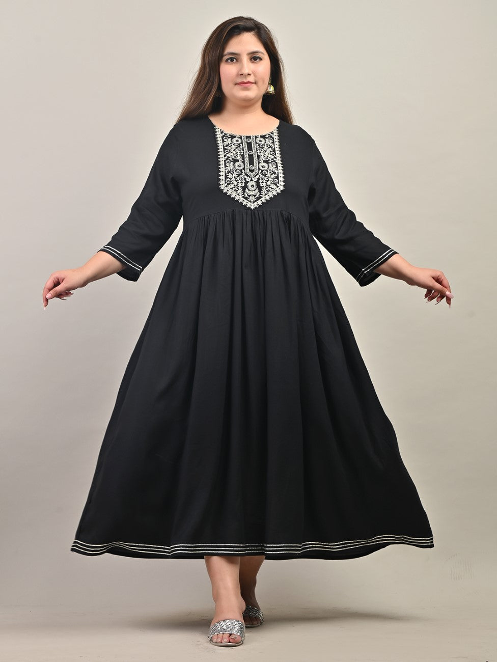 Plus Size Black Cotton Blend Embroidered Anarkali-591 Main image