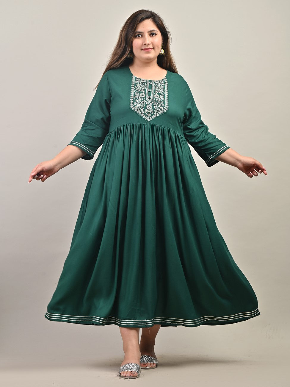 Plus Size Green Cotton Blend Embroidered Anarkali-591 Main image