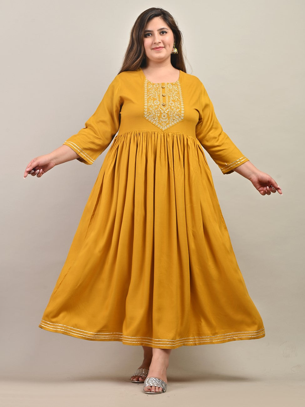 Plus Size Yellow Cotton Blend Embroidered Anarkali-591 Main image
