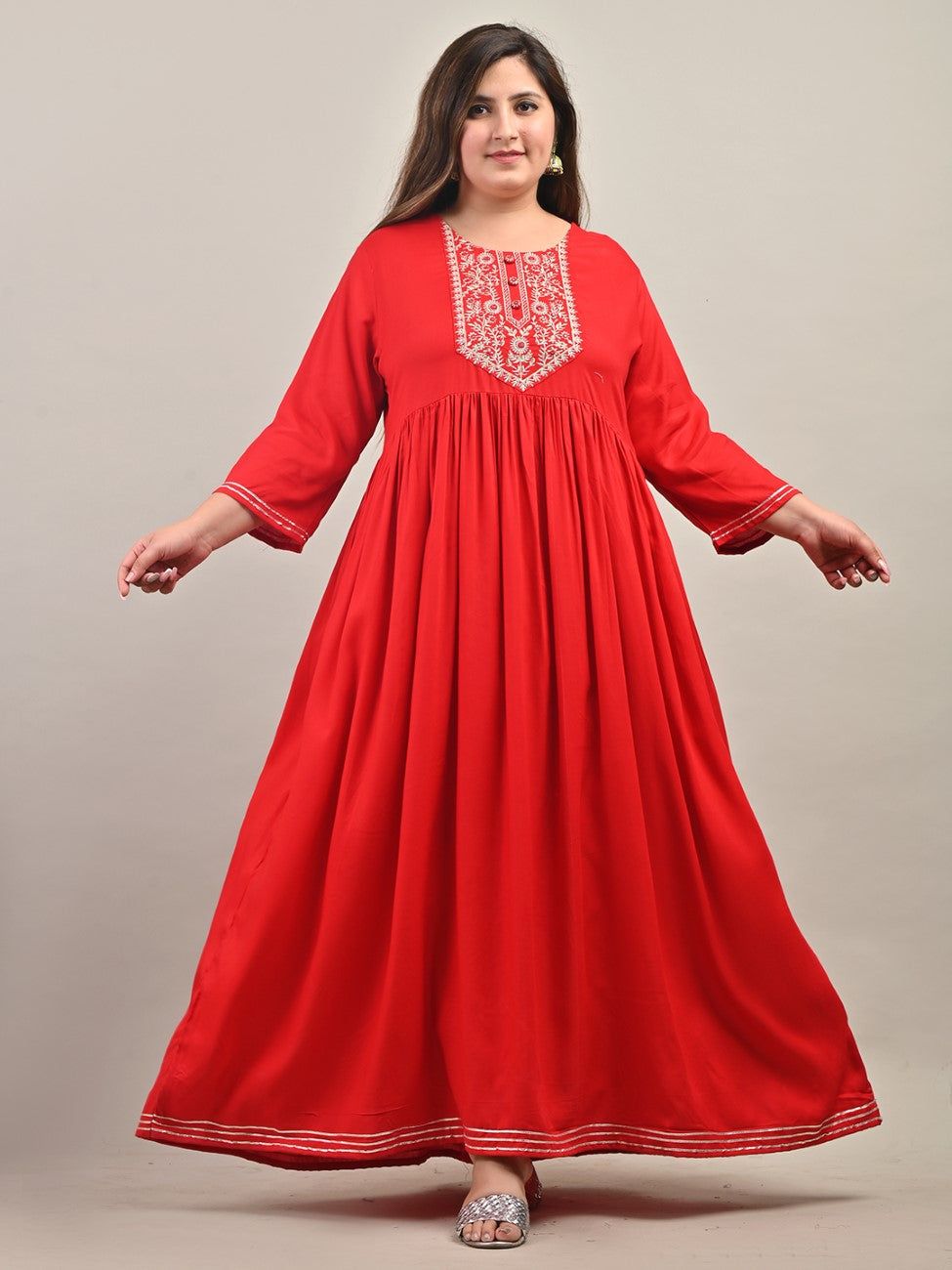 Plus Size Red Cotton Blend Embroidered Anarkali-591 Main image
