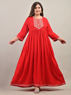 Plus Size Red Cotton Blend Embroidered Anarkali-591