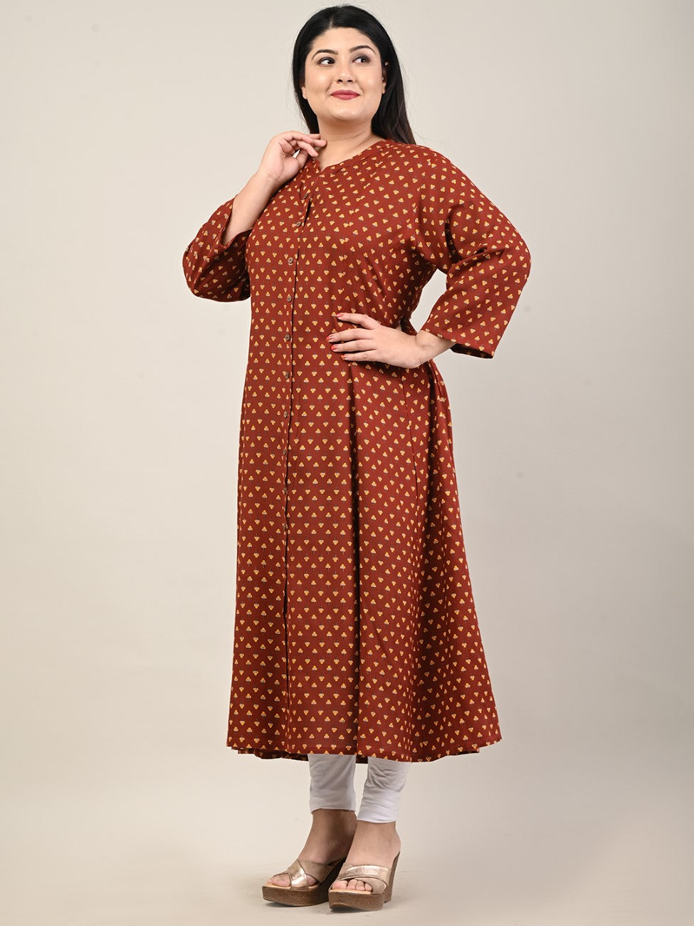 Plus Size Maroon Cotton Blend Printed A-Line Long Kurta-600