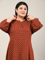 Plus Size Maroon Cotton Blend Printed A-Line Long Kurta-600