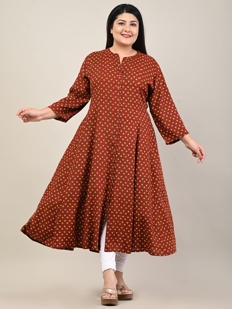 Plus Size Maroon Cotton Blend Printed A-Line Long Kurta-600 Main image