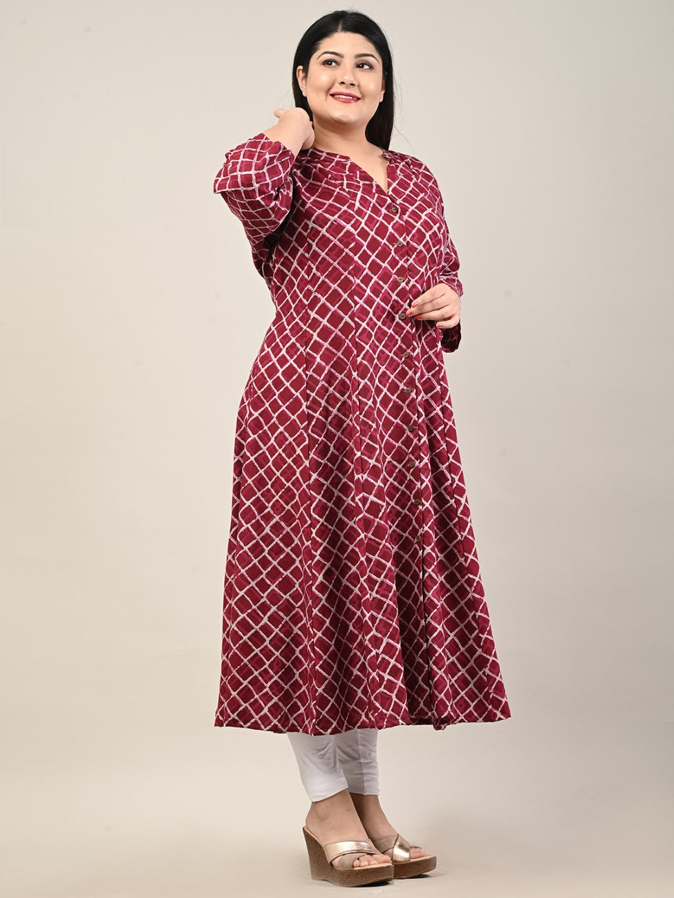 Plus Size Maroon Cotton Blend  Print Aline Kurta-601