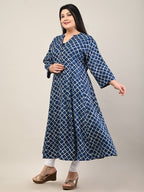 Plus Size Blue Cotton Blend Printed A Line Kurta-602