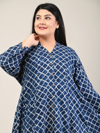 Plus Size Blue Cotton Blend Printed A Line Kurta-602