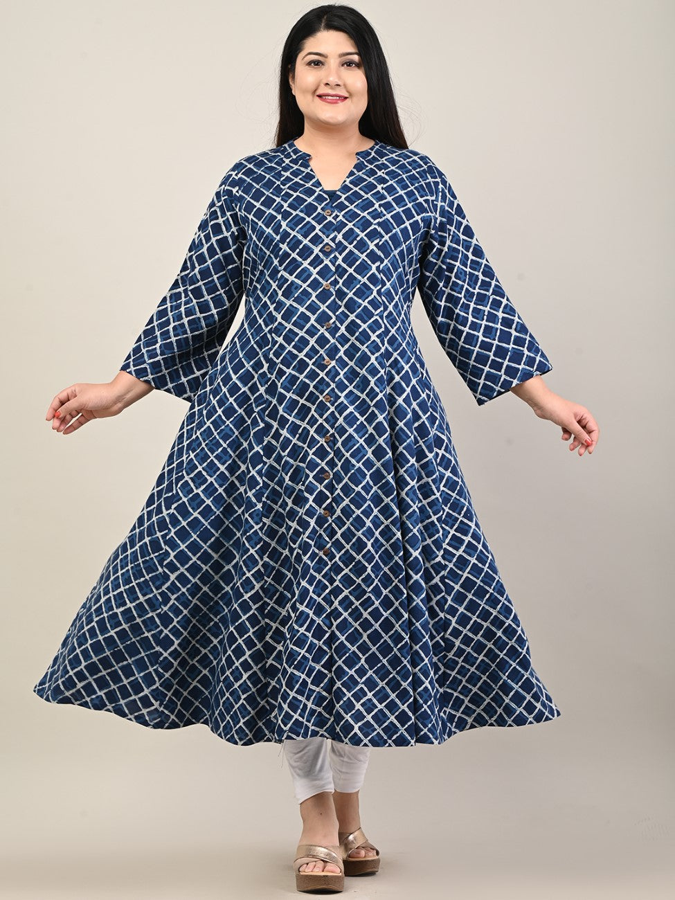 Plus Size Blue Cotton Blend Printed A Line Kurta-602 Main image