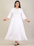 Plus Size White Cotton Blend Embroidered Flared Long Kurta-609