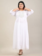 Plus Size White Cotton Blend Embroidered Flared Long Kurta-609