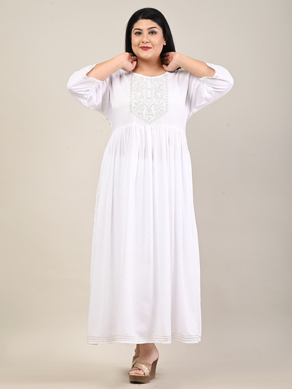 Plus Size White Cotton Blend Embroidered Flared Long Kurta-609