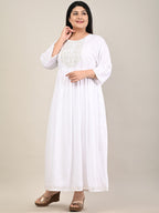 Plus Size White Cotton Blend Embroidered Flared Long Kurta-609