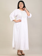 Plus Size White Cotton Blend Embroidered Flared Long Kurta-609