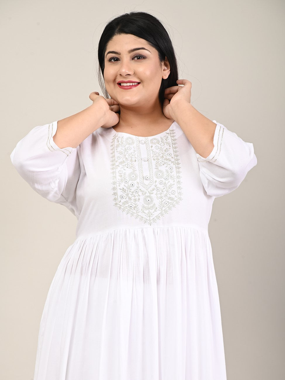 Plus Size White Cotton Blend Embroidered Flared Long Kurta-609