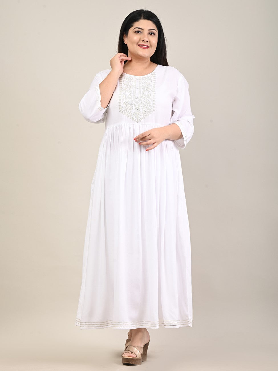 Plus Size White Cotton Blend Embroidered Flared Long Kurta-609