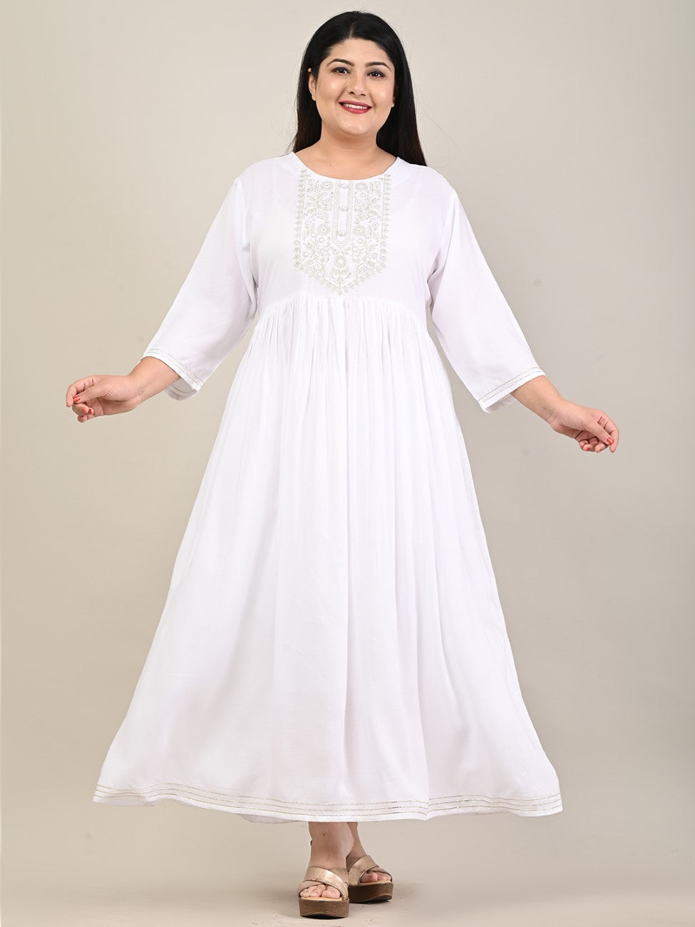Plus Size White Cotton Blend Embroidered Flared Long Kurta-609 Main image