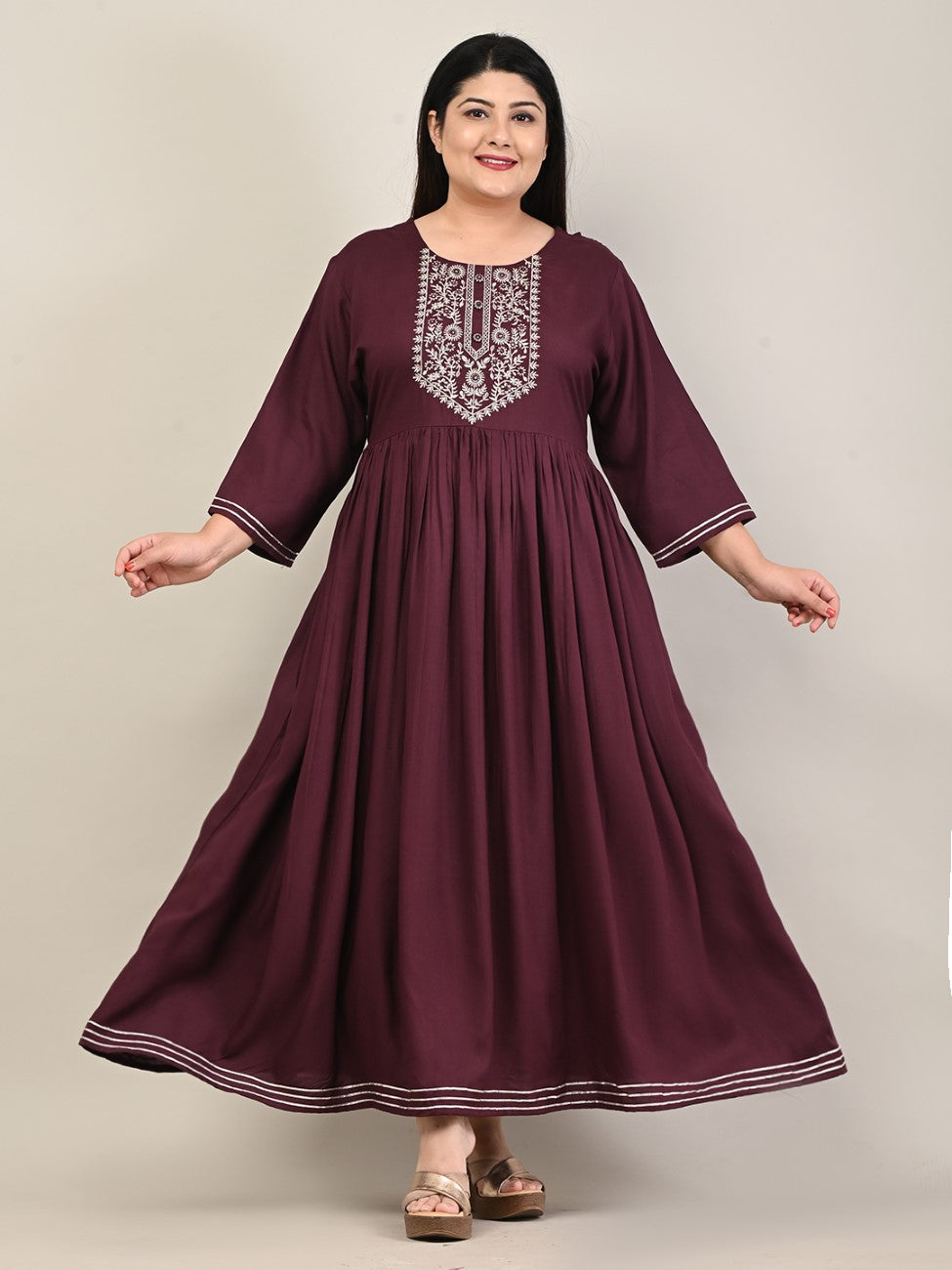 Plus Size Purple Cotton Blend Embroidered Anarkali-610