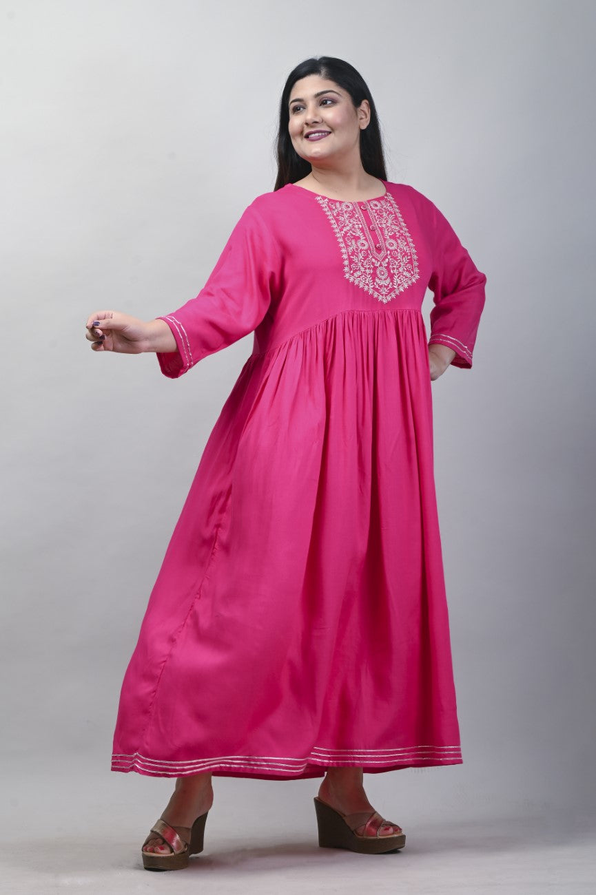 Plus Size Pink Cotton Blend Embroidered Anarkali-591