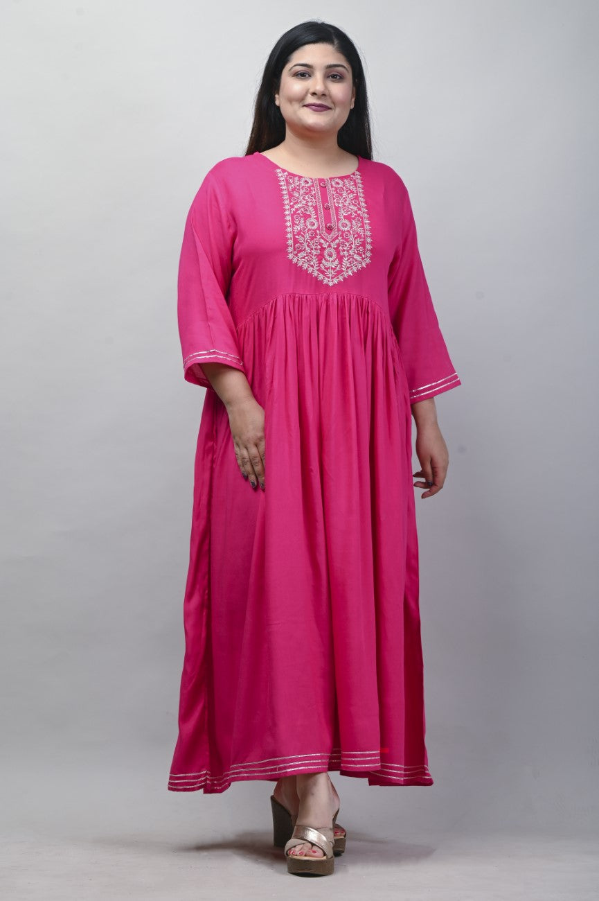 Plus Size Pink Cotton Blend Embroidered Anarkali-591
