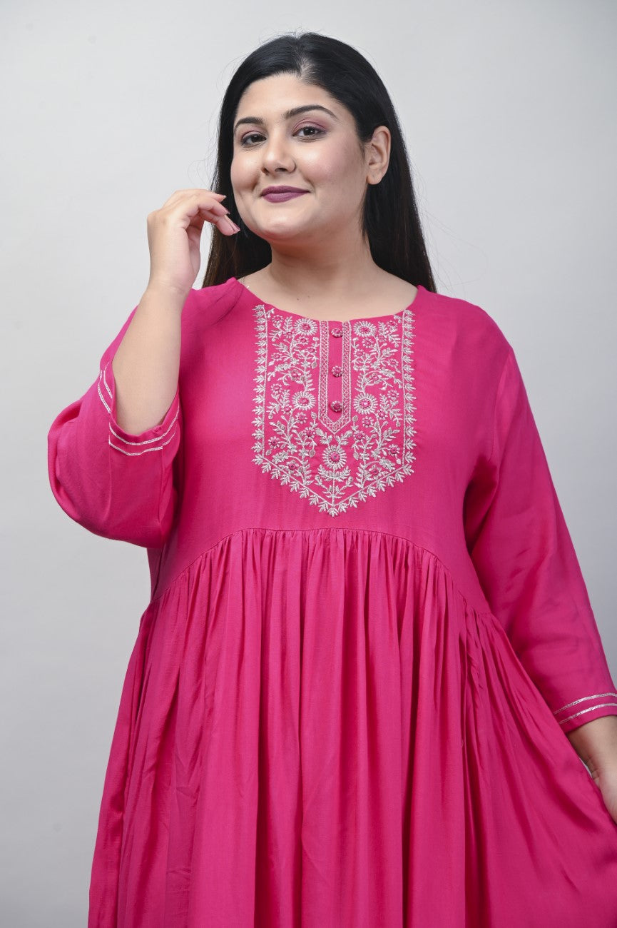 Plus Size Pink Cotton Blend Embroidered Anarkali-591