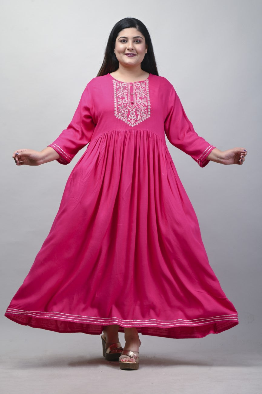 Plus Size Pink Cotton Blend Embroidered Anarkali-591