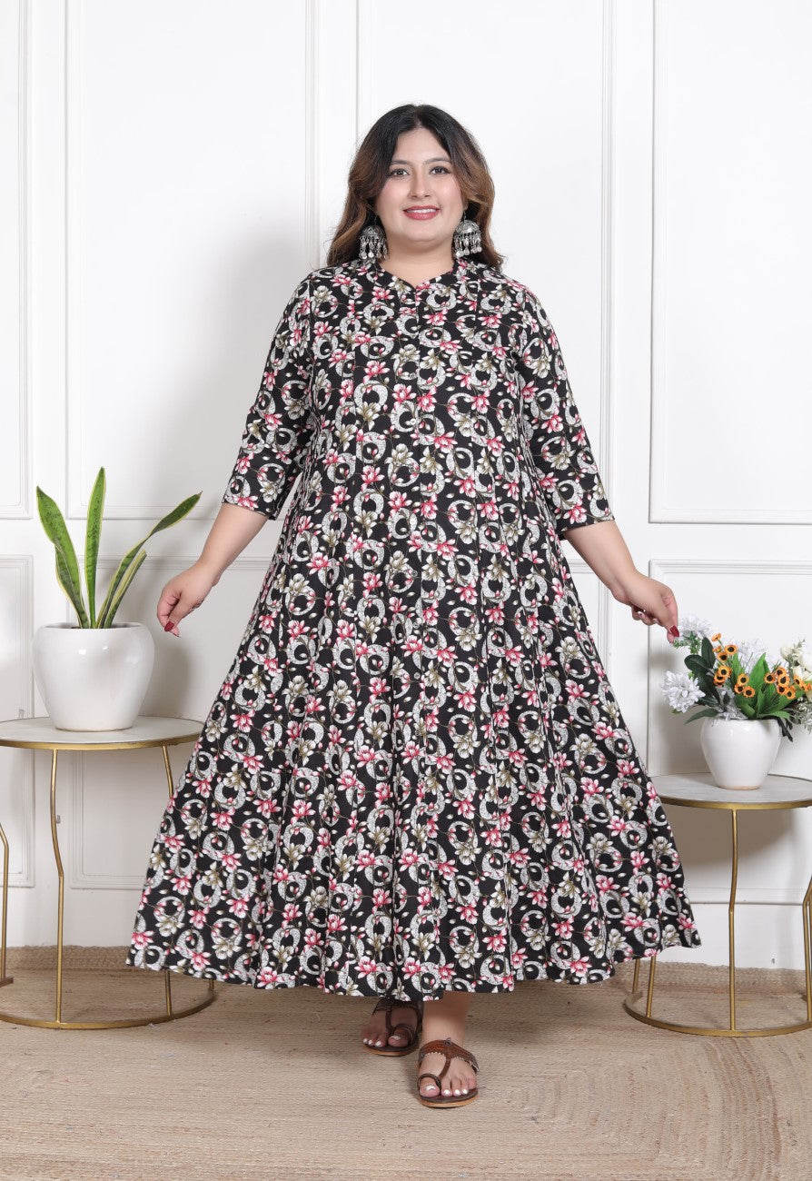 Plus Size Black Floral Print Flared Long Kurta-640
