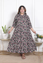 Plus Size Black Floral Print Flared Long Kurta-640