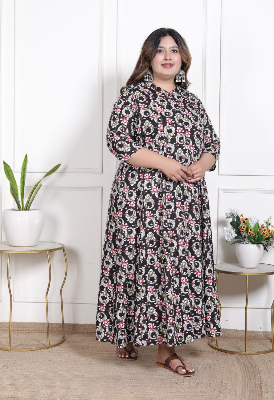 Plus Size Black Floral Print Flared Long Kurta-640