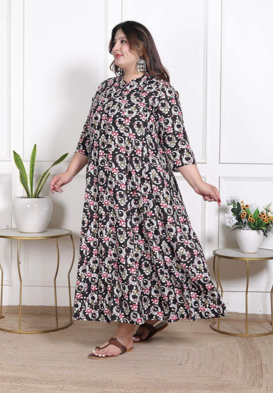 Plus Size Black Floral Print Flared Long Kurta-640