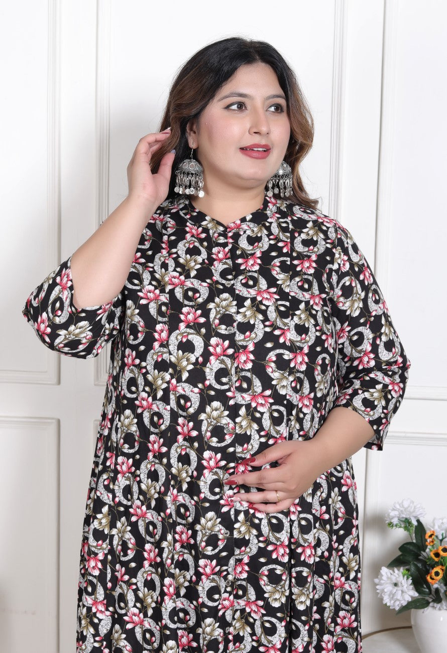 Plus Size Black Floral Print Flared Long Kurta-640