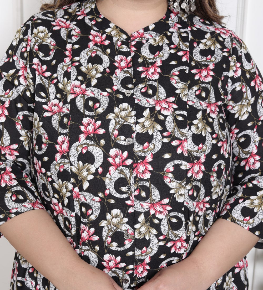 Plus Size Black Floral Print Flared Long Kurta-640